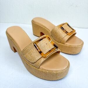Nordstrom Raffia Platform Slide Sandals | Tan Buckle Block Heel | 8.5